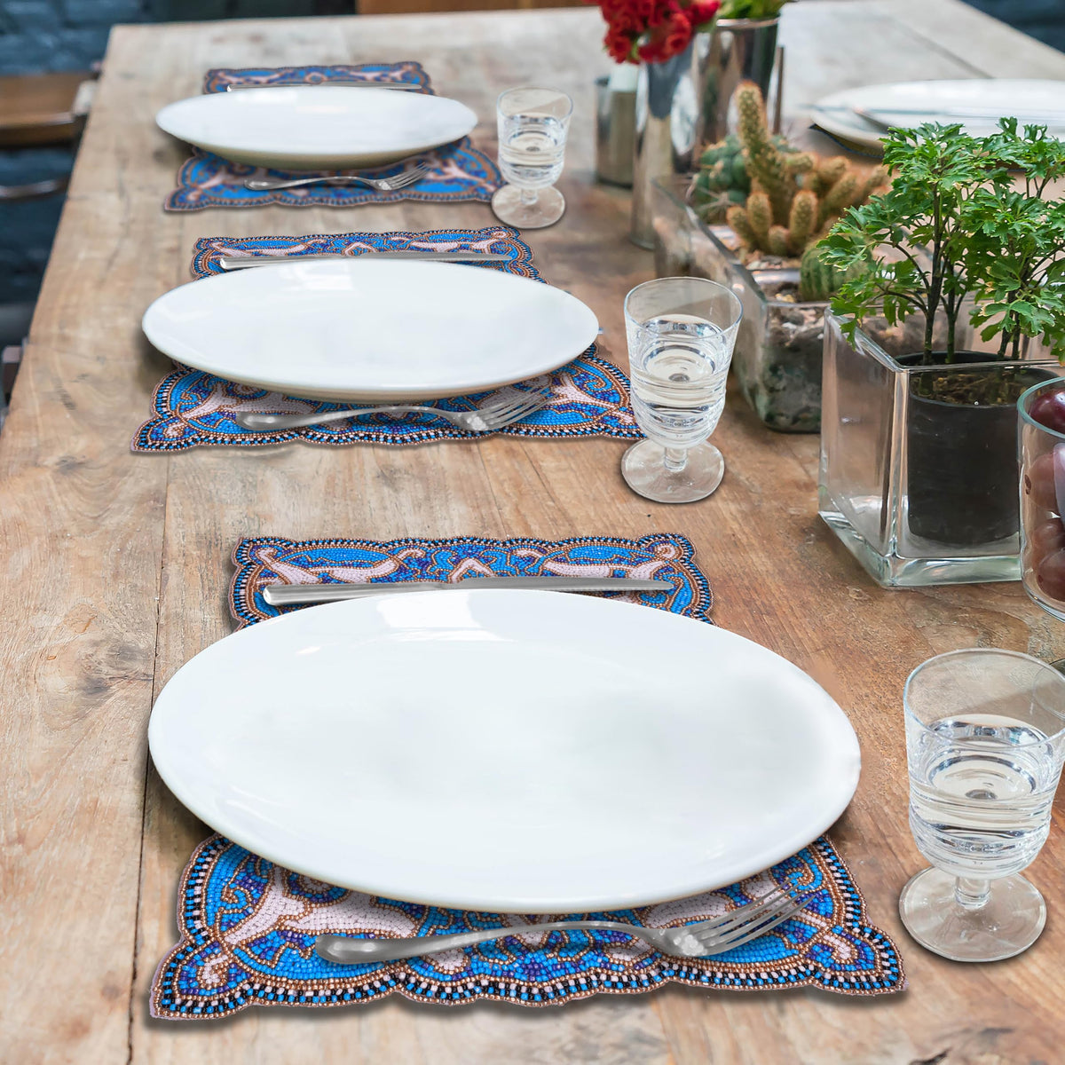 Set of two Azure Glow beaded placemats in blue and white, embroidered, heat-resistant, 12x16 inches, decorative table décor.