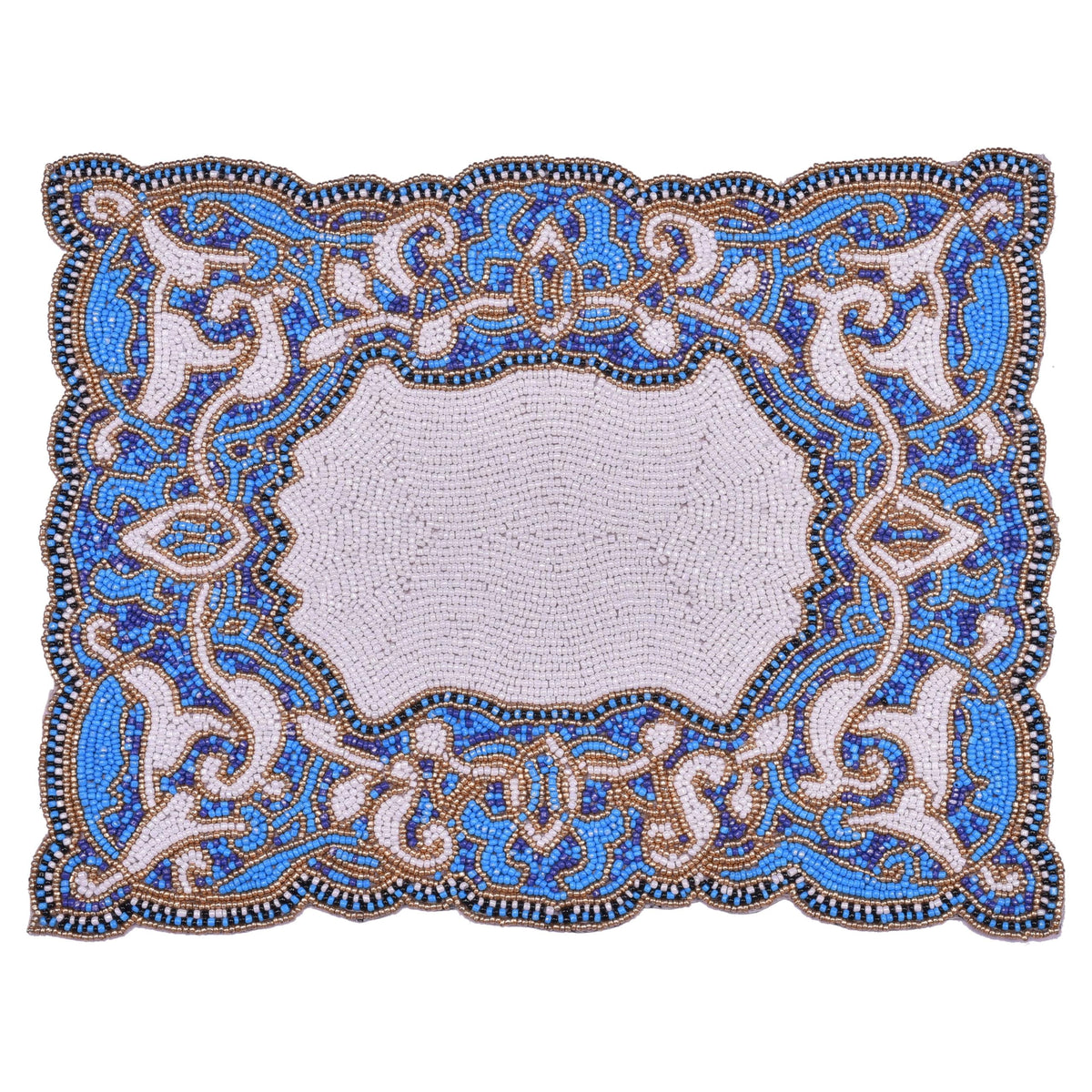 Set of two Azure Glow beaded placemats in blue and white, embroidered, heat-resistant, 12x16 inches, artistic dining table décor.