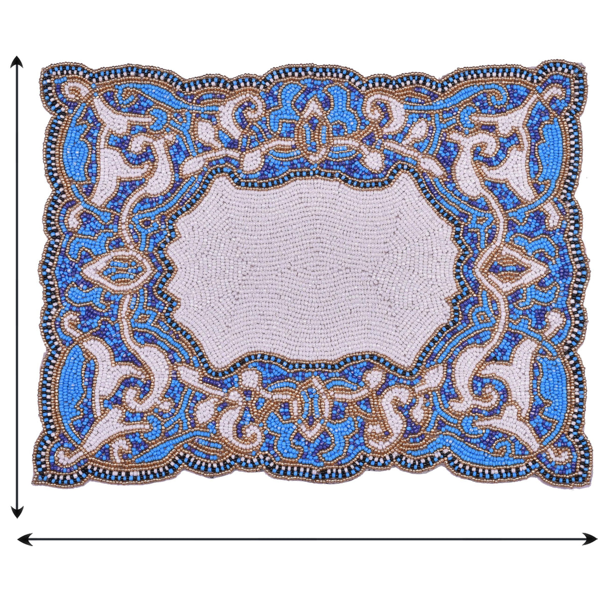 Set of two Azure Glow beaded placemats in blue and white, embroidered, heat-resistant, 12x16 inches, artistic dining table décor.