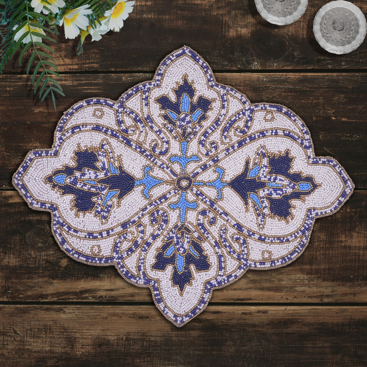 Set of 2 Marine Frost embroidered beaded placemats in blue and white, decorative 15x19 inch table accents.