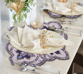 Set of two Marine Frost beaded placemats in blue and white, embroidered decorative table accents, 15x19 inches.