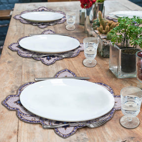 Set of two Marine Frost embroidered beaded placemats in blue and white, decorative 15x19 inch table accents for dining.