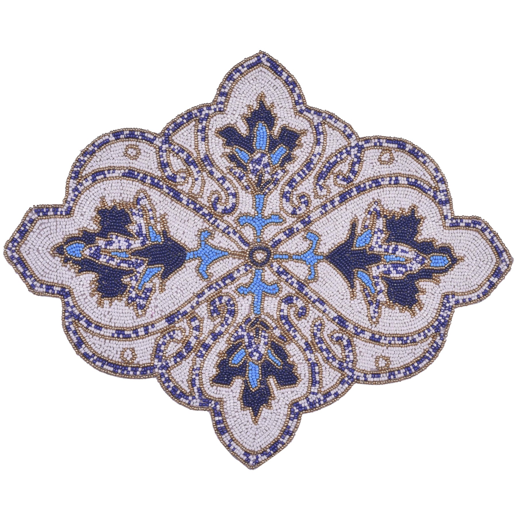 Set of two Marine Frost embroidered beaded placemats in blue and white, decorative table accents, 15x19 inches.