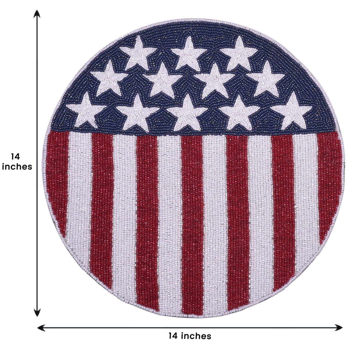 Set of 2 USA patriotic embroidered round beaded placemats featuring flag design for patriotic table decor