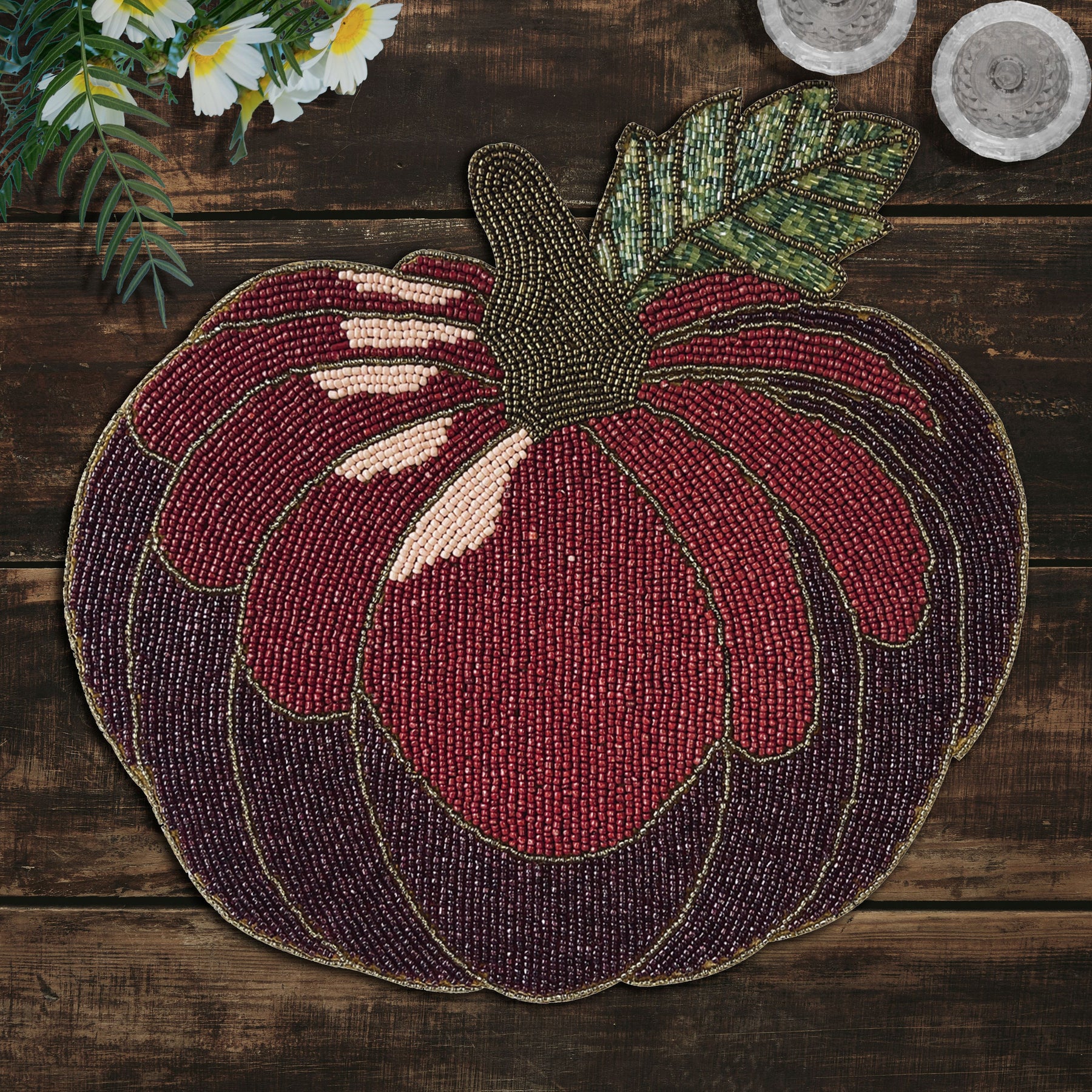 Set of two Lugh Maple beaded placemats from the Lugh Autumn Collection, embroidered decorative dining table mats, 12x13.5 inches.