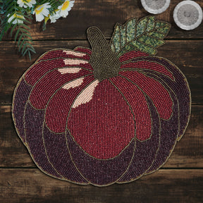 Set of two Lugh Maple beaded placemats from the Lugh Autumn Collection, embroidered decorative dining table mats, 12x13.5 inches.
