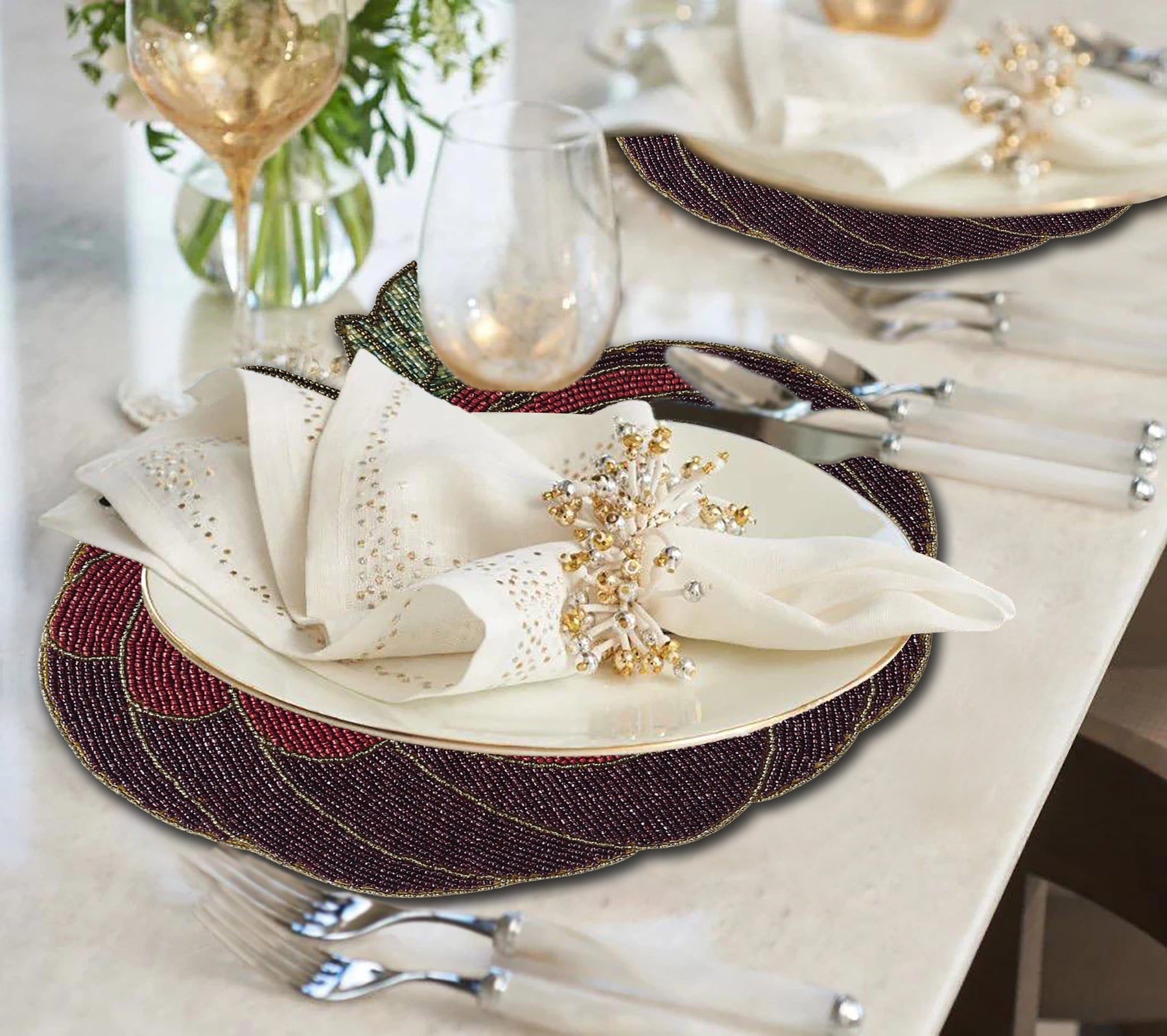 Set of two embroidered beaded placemats featuring the Lugh Maple design from PM 2020, 12x13.5 inches, autumn-themed table décor.