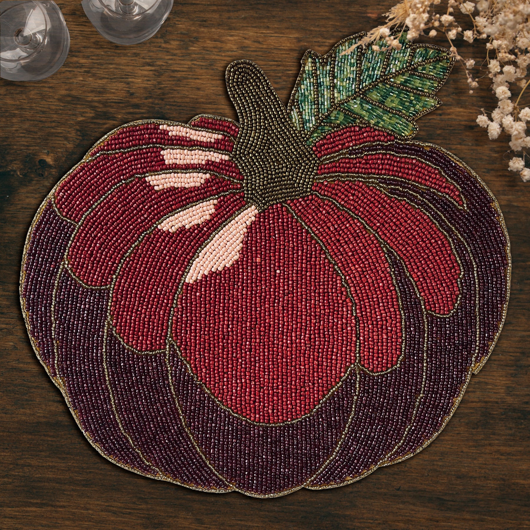 Set of two Lugh Maple embroidered beaded placemats from the Lugh Autumn Collection, decorative 12x13.5 inch table decor.