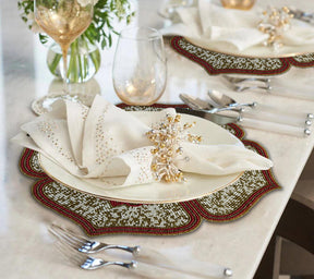 Crimson Frost – Beaded Placemats in Gold Red White, Elegant Decorative Dining Table Décor 15 inch - Decozen