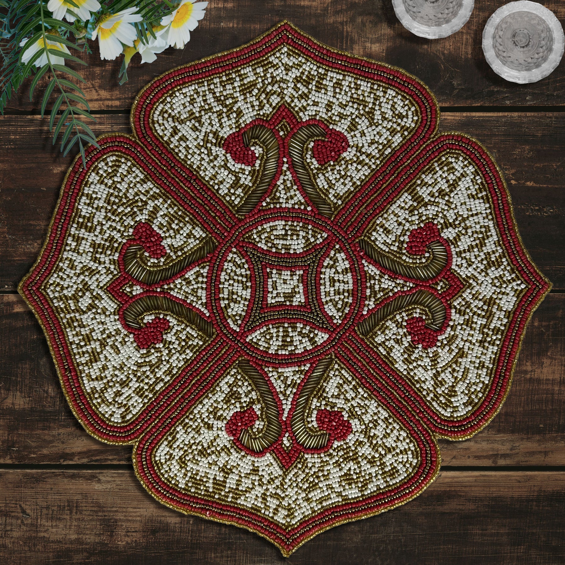 Crimson Frost – Beaded Placemats in Gold Red White, Elegant Decorative Dining Table Décor 15 inch - Decozen