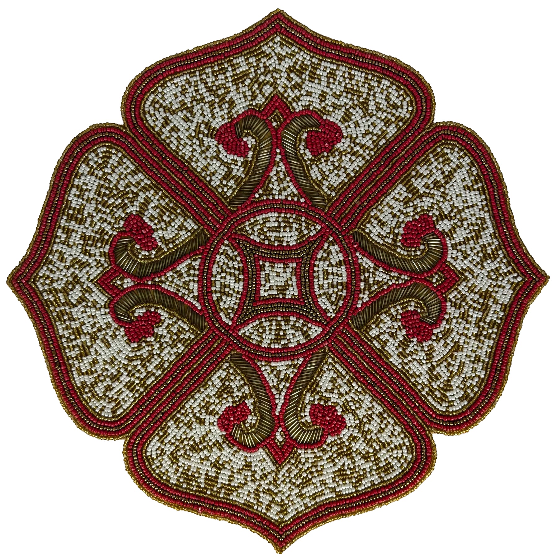 Crimson Frost – Beaded Placemats in Gold Red White, Elegant Decorative Dining Table Décor 15 inch - Decozen