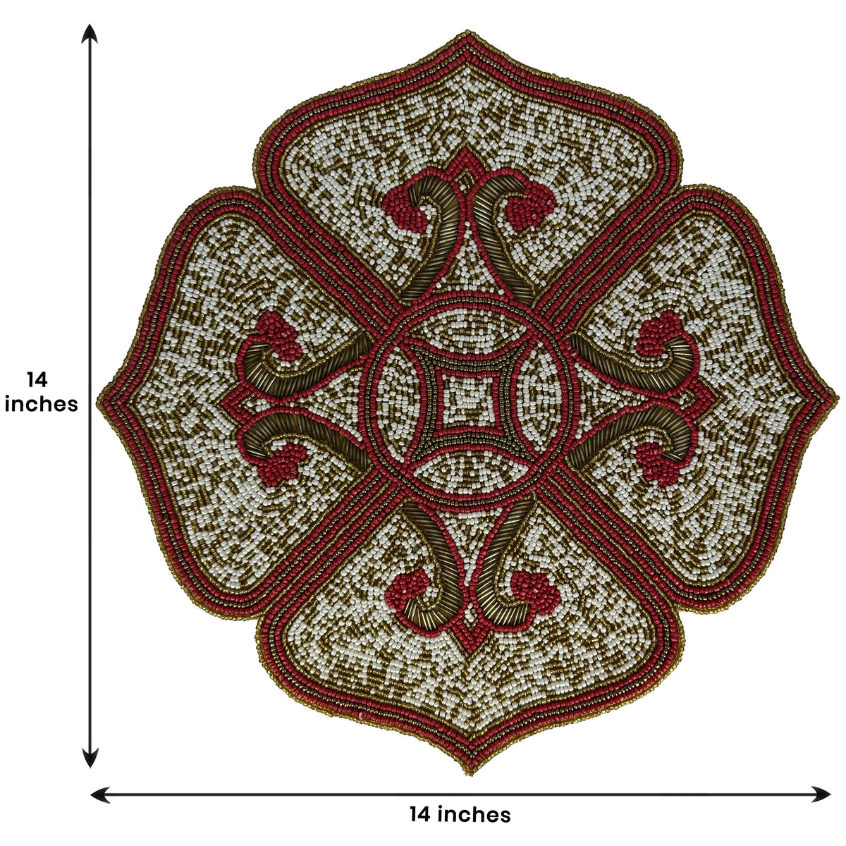 Crimson Frost embroidered beaded placemat in gold, red, and white with elegant decorative design, 15-inch diameter for dining tables.