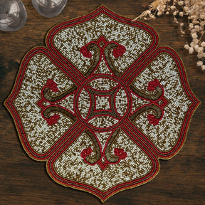 Crimson Frost – Beaded Placemats in Gold Red White, Elegant Decorative Dining Table Décor 15 inch - Decozen