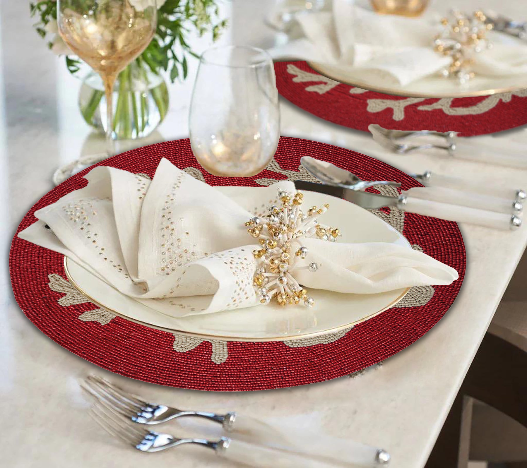Radiant Charm – Stylish Red Beaded Placemats, Elegant Decorative Dining Table Décor 14 inch - Decozen