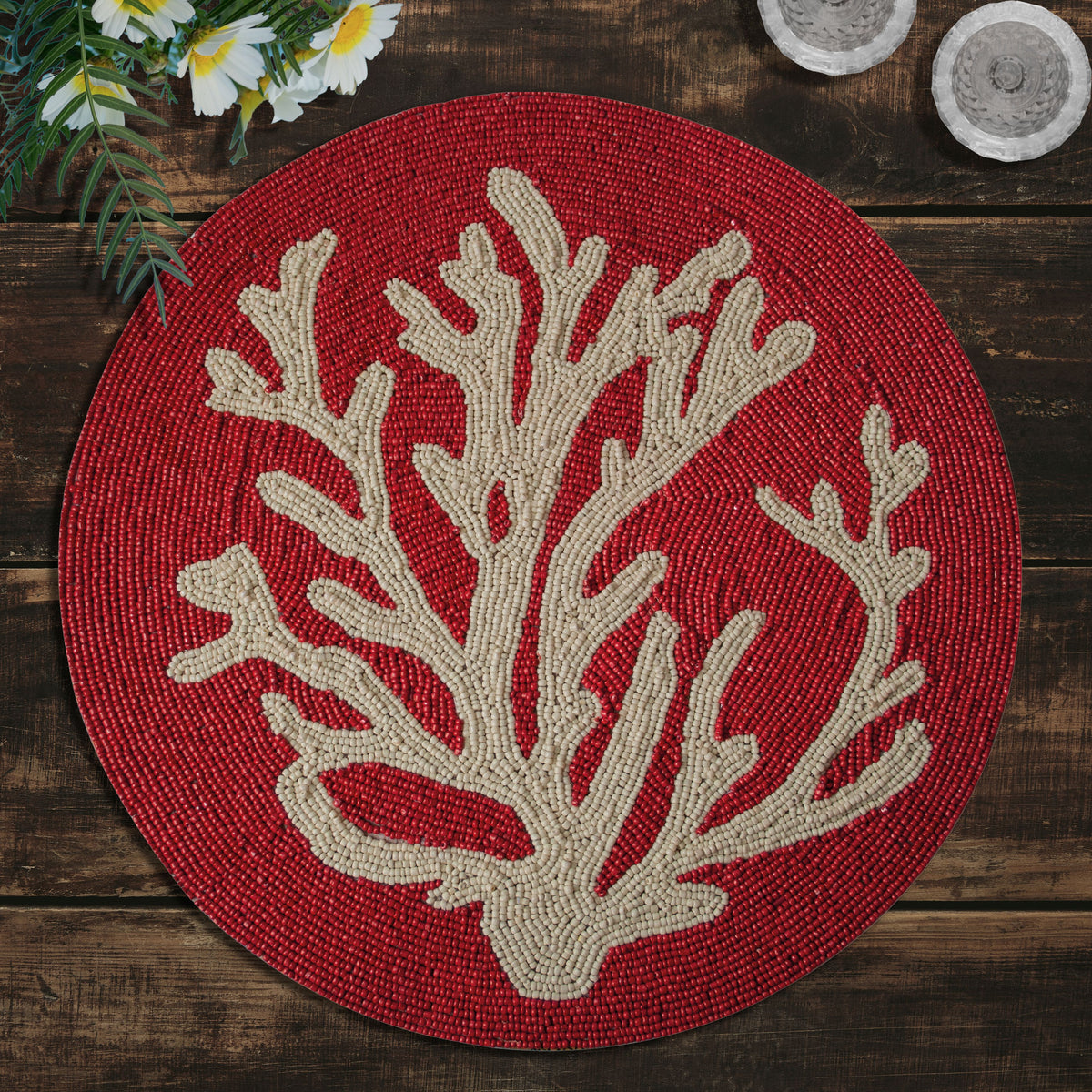 Radiant Charm – Stylish Red Beaded Placemats, Elegant Decorative Dining Table Décor 14 inch - Decozen