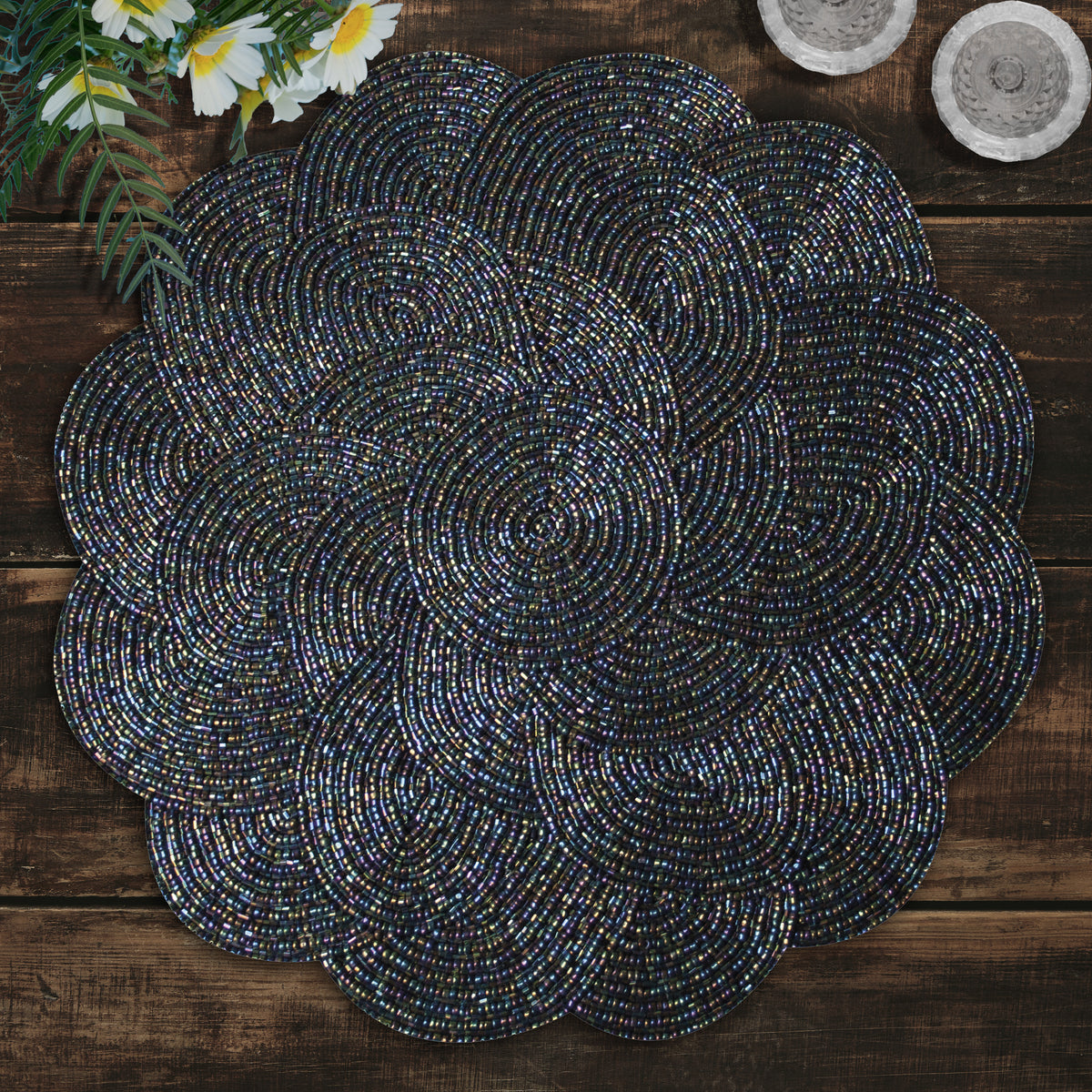 Embroidered beaded placemat from The Meribelle Beaded Placemats collection, featuring intricate beadwork and embroidery.