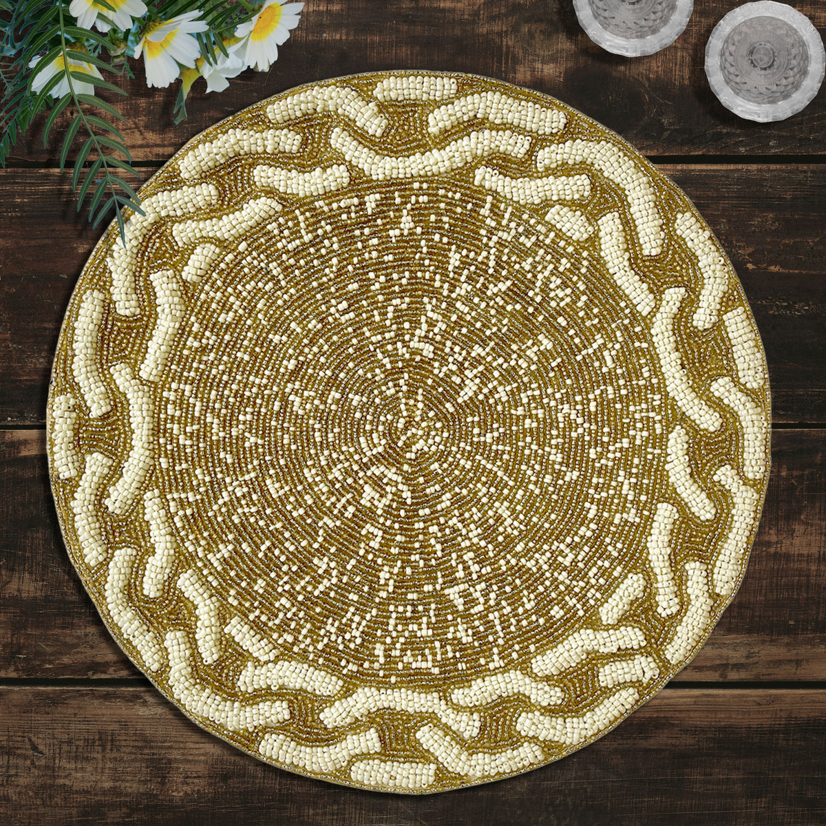 Embroidered beaded placemat from The Floy collection by PM1019, featuring intricate beadwork and colorful embroidery design.