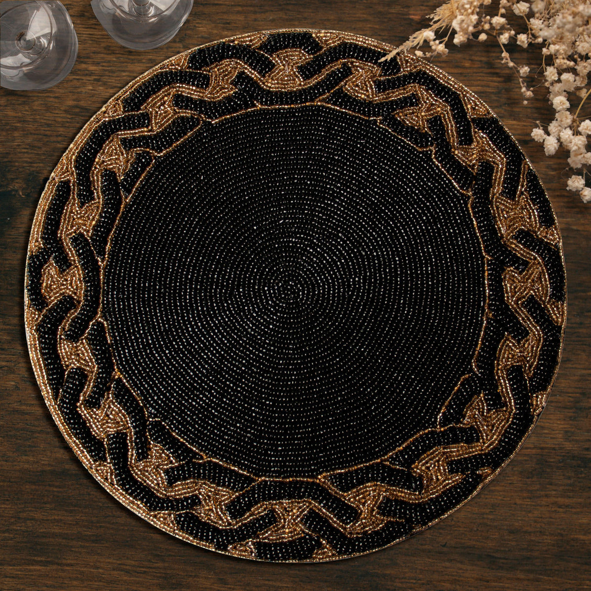 Round Beaded Placemats - 14" Heat-Resistant Table Mats in Black and Gold - Decozen