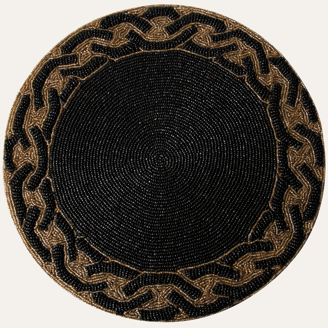 Round Beaded Placemats - 14" Heat-Resistant Table Mats in Black and Gold - Decozen