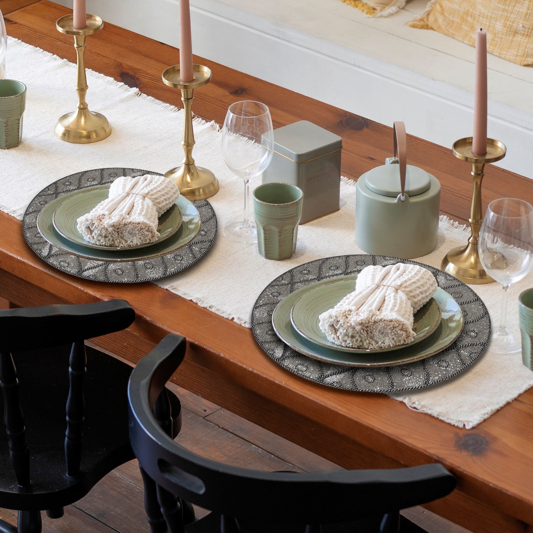 Embroidered beaded placemats from the Alvina collection, decorative tableware for elegant dining, featuring intricate beadwork and embroidery.