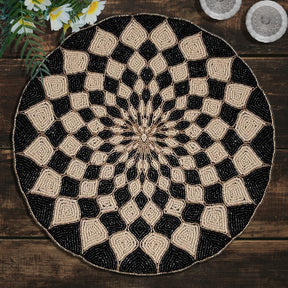 Ebony Drift – Round Beaded Placemats in Black Beige, Luxurious Decorative Dining Table Accent 14 inch - Decozen
