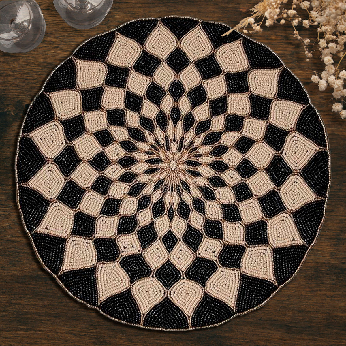 Ebony Drift – Round Beaded Placemats in Black Beige, Luxurious Decorative Dining Table Accent 14 inch - Decozen
