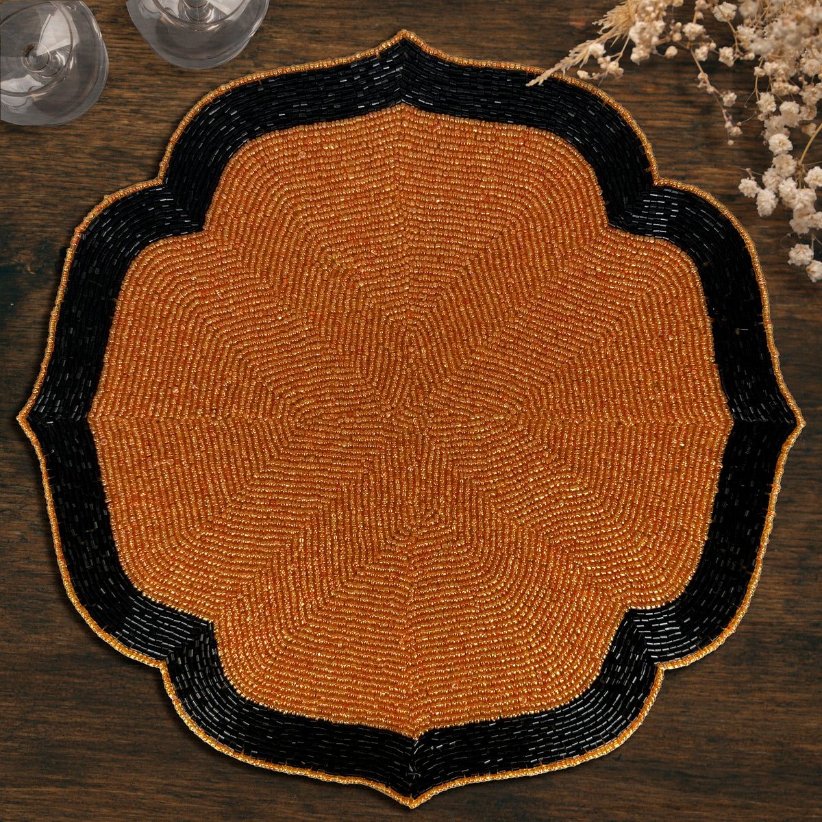 Amber Noir – Beaded Placemats in Warm Copper and Black, Heat Resistant Dining Table Décor 14 inch - Decozen
