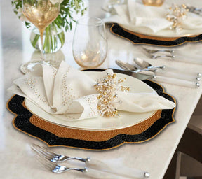 Set of 2 Amber Noir embroidered beaded placemats in warm copper and black, heat-resistant 14-inch table decor for dining.