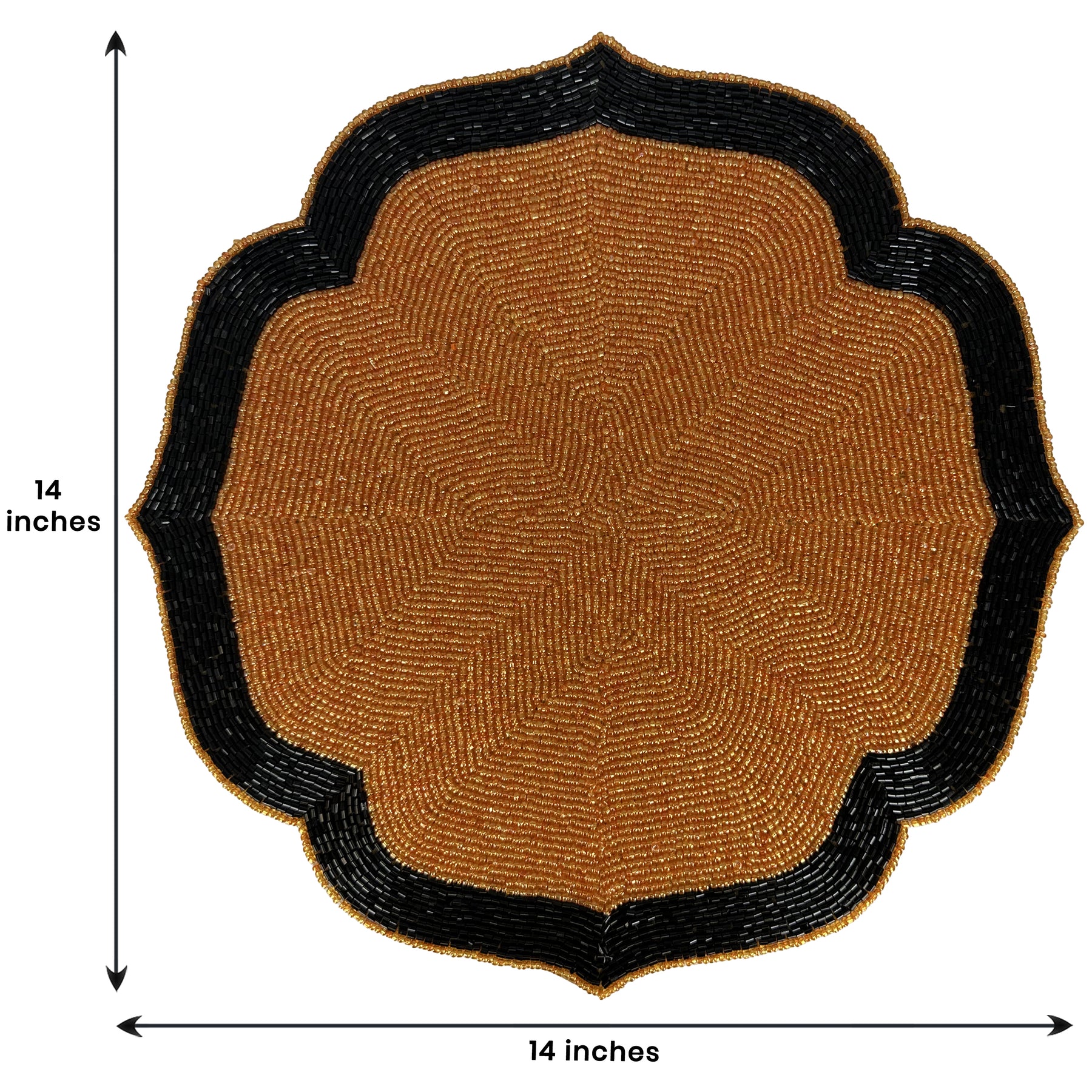 Set of two Amber Noir beaded placemats by PM1046, 14-inch embroidered placemats in warm copper and black for heat-resistant dining decor.