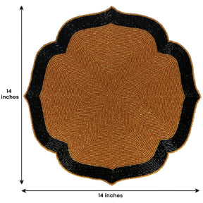Set of two Amber Noir beaded placemats by PM1046, 14-inch embroidered placemats in warm copper and black for heat-resistant dining decor.