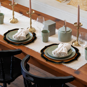 Set of two Amber Noir beaded placemats in warm copper and black, embroidered, heat-resistant 14-inch table décor for dining.