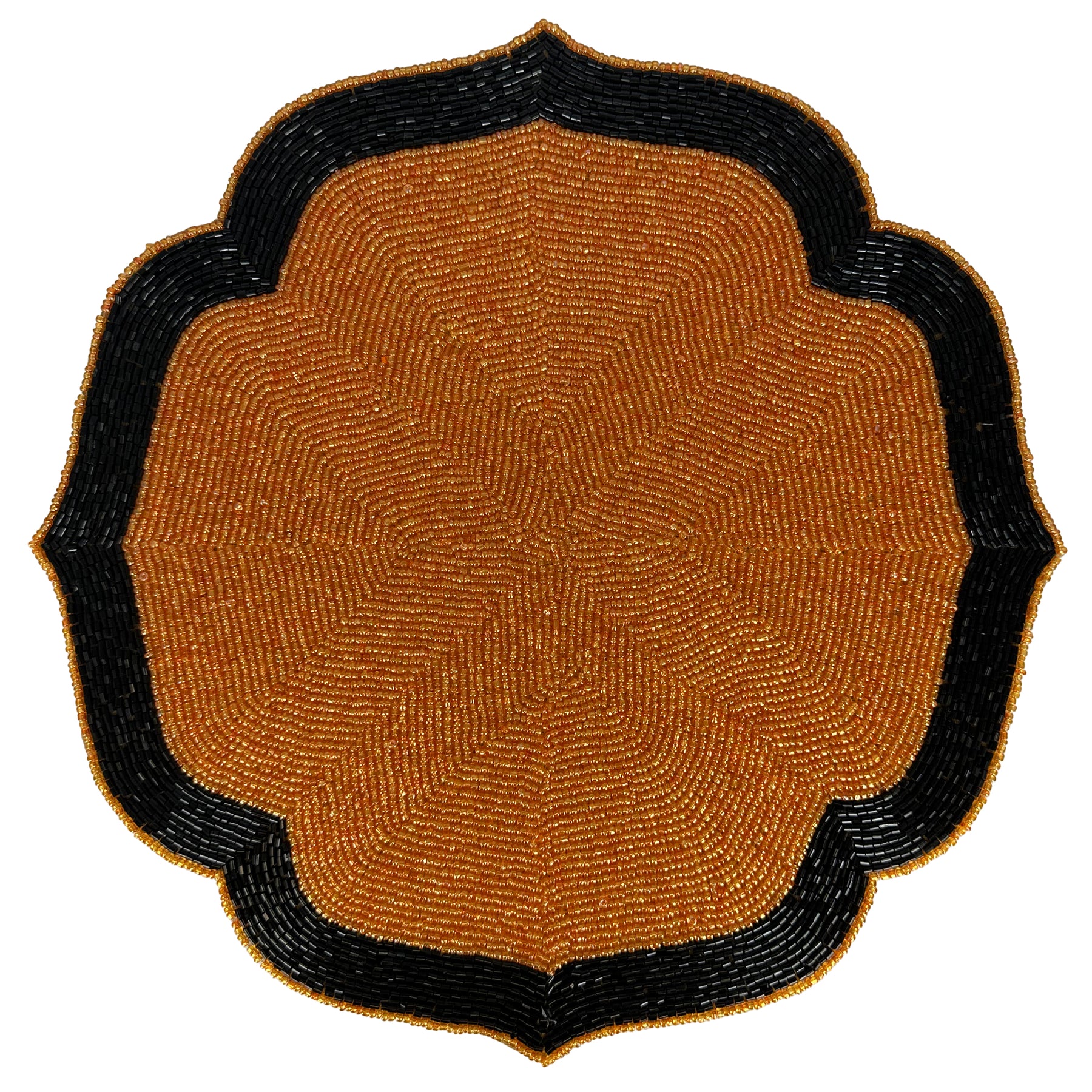 Set of two Amber Noir beaded placemats by PM1046, 14-inch embroidered copper and black heat-resistant table decor.