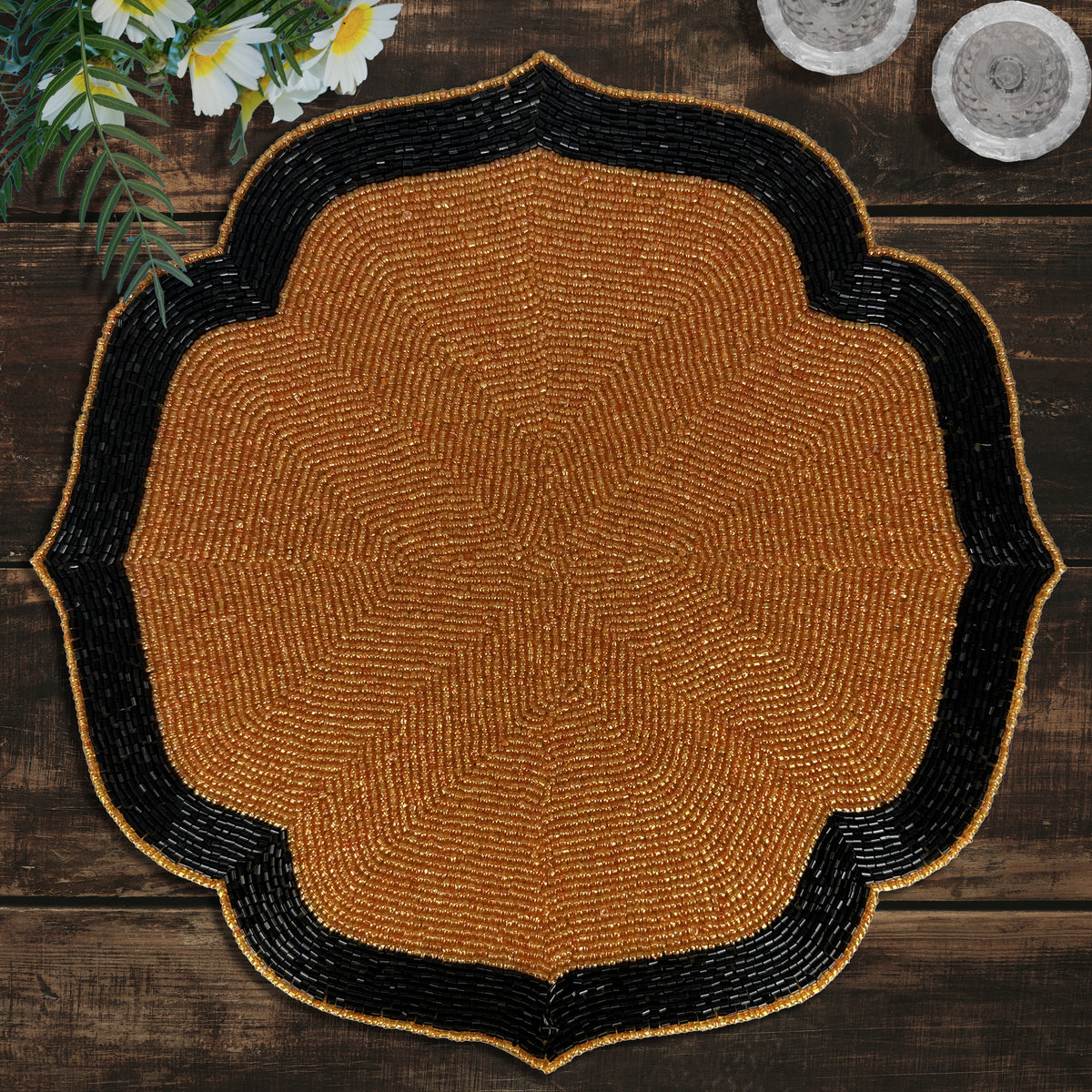 Set of 2 Amber Noir beaded placemats in warm copper and black, embroidered, heat-resistant 14-inch table décor from PM1046