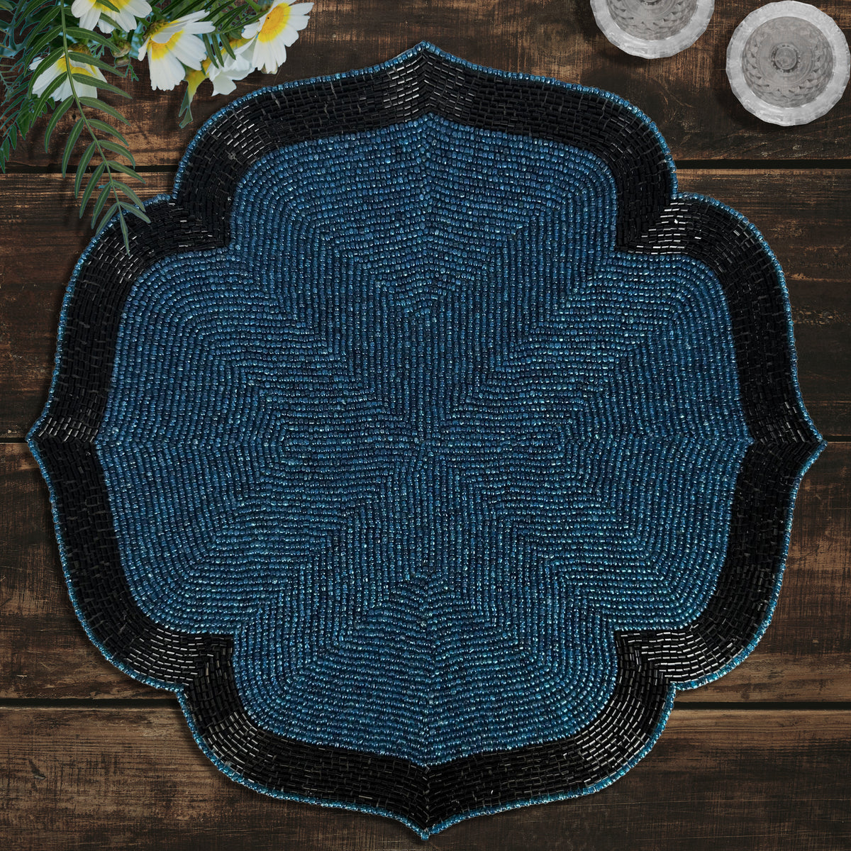 Teal Eclipse – Beaded Placemats in Teal and Black Elegant Heat Resistant Dining Table Décor 14 inch - Decozen