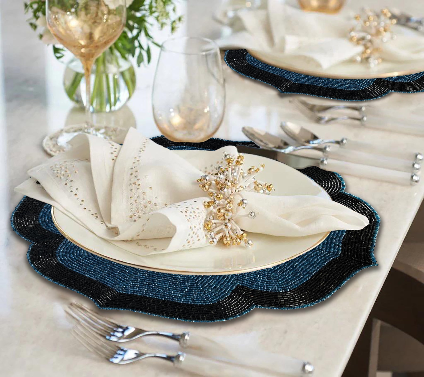 Teal Eclipse – Beaded Placemats in Teal and Black Elegant Heat Resistant Dining Table Décor 14 inch - Decozen