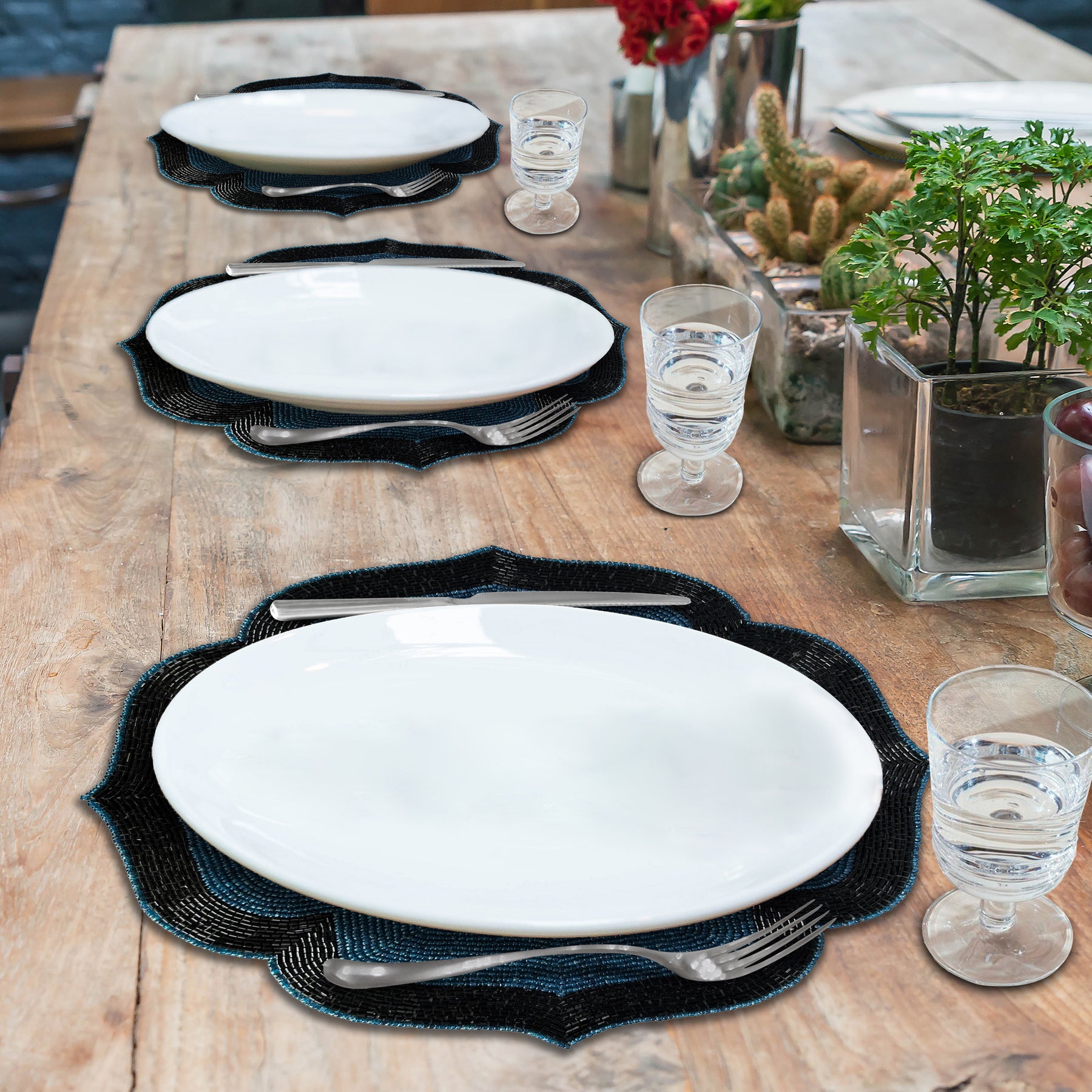 Teal Eclipse – Beaded Placemats in Teal and Black Elegant Heat Resistant Dining Table Décor 14 inch - Decozen