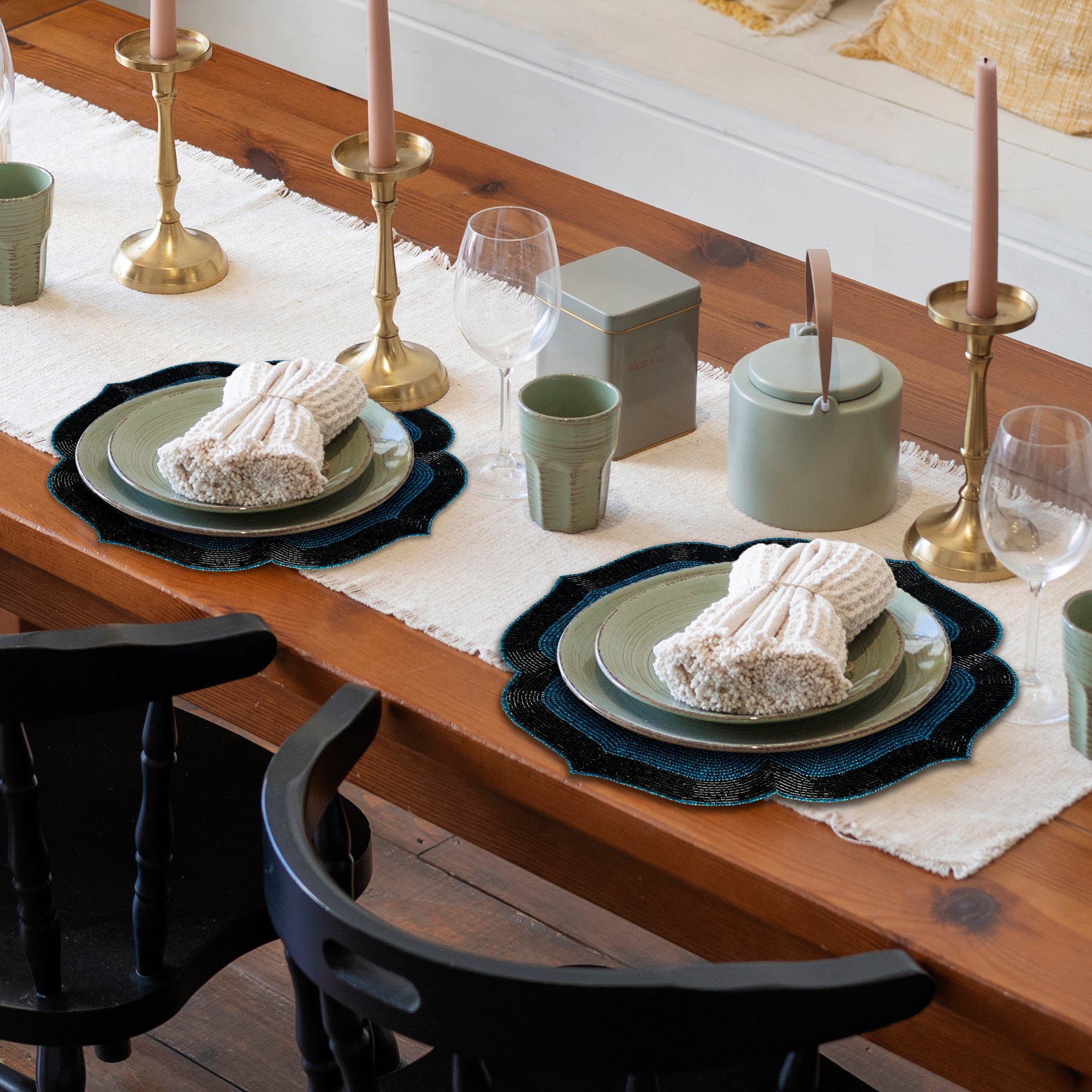 Teal Eclipse – Beaded Placemats in Teal and Black Elegant Heat Resistant Dining Table Décor 14 inch - Decozen