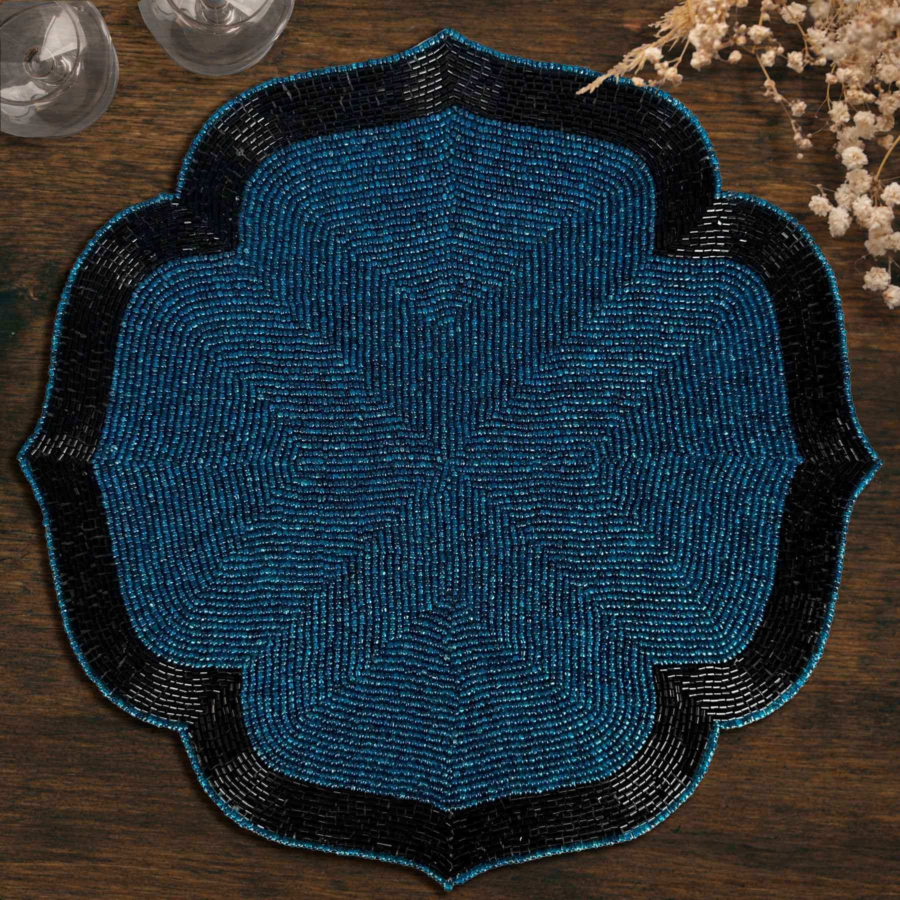 Teal Eclipse – Beaded Placemats in Teal and Black Elegant Heat Resistant Dining Table Décor 14 inch - Decozen