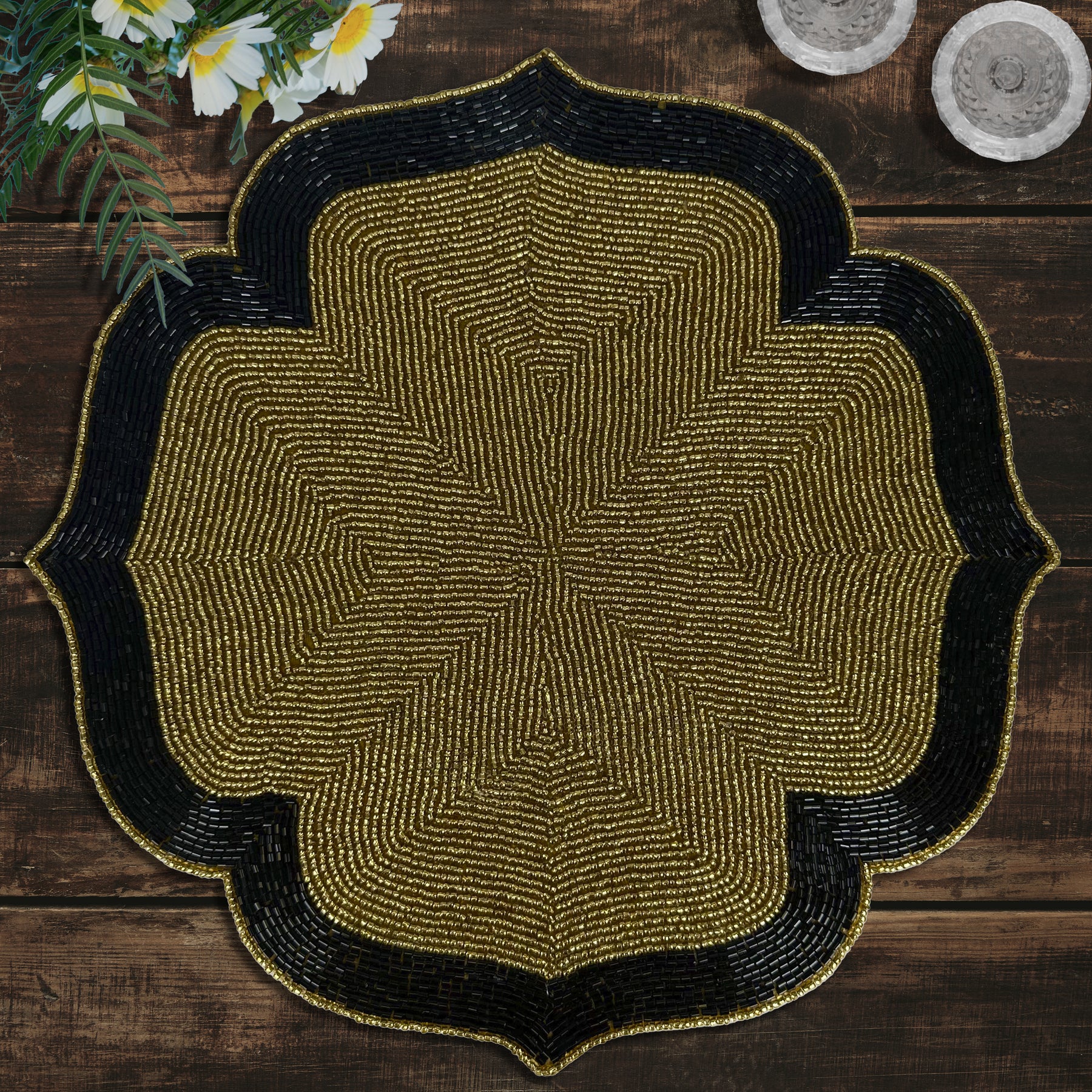 Set of two Midnight Ember embroidered beaded placemats in gold and black, heat-resistant 14-inch table décor by PM1049.