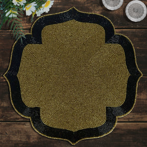 Set of two Midnight Ember embroidered beaded placemats in gold and black, heat-resistant 14-inch table décor by PM1049.