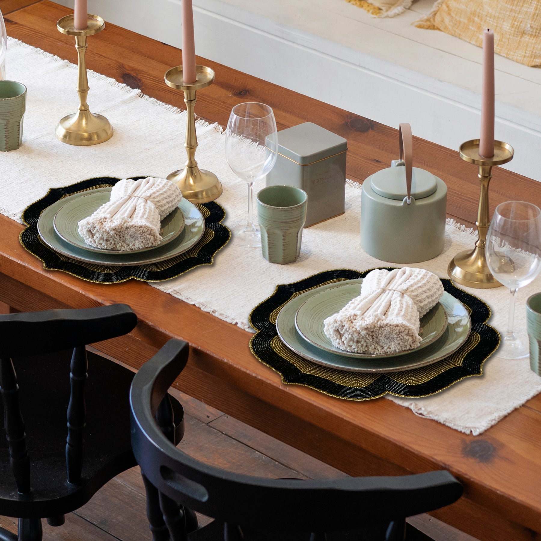 Set of two Midnight Ember beaded placemats in gold and black, embroidered, heat-resistant, 14-inch artistic table decor.