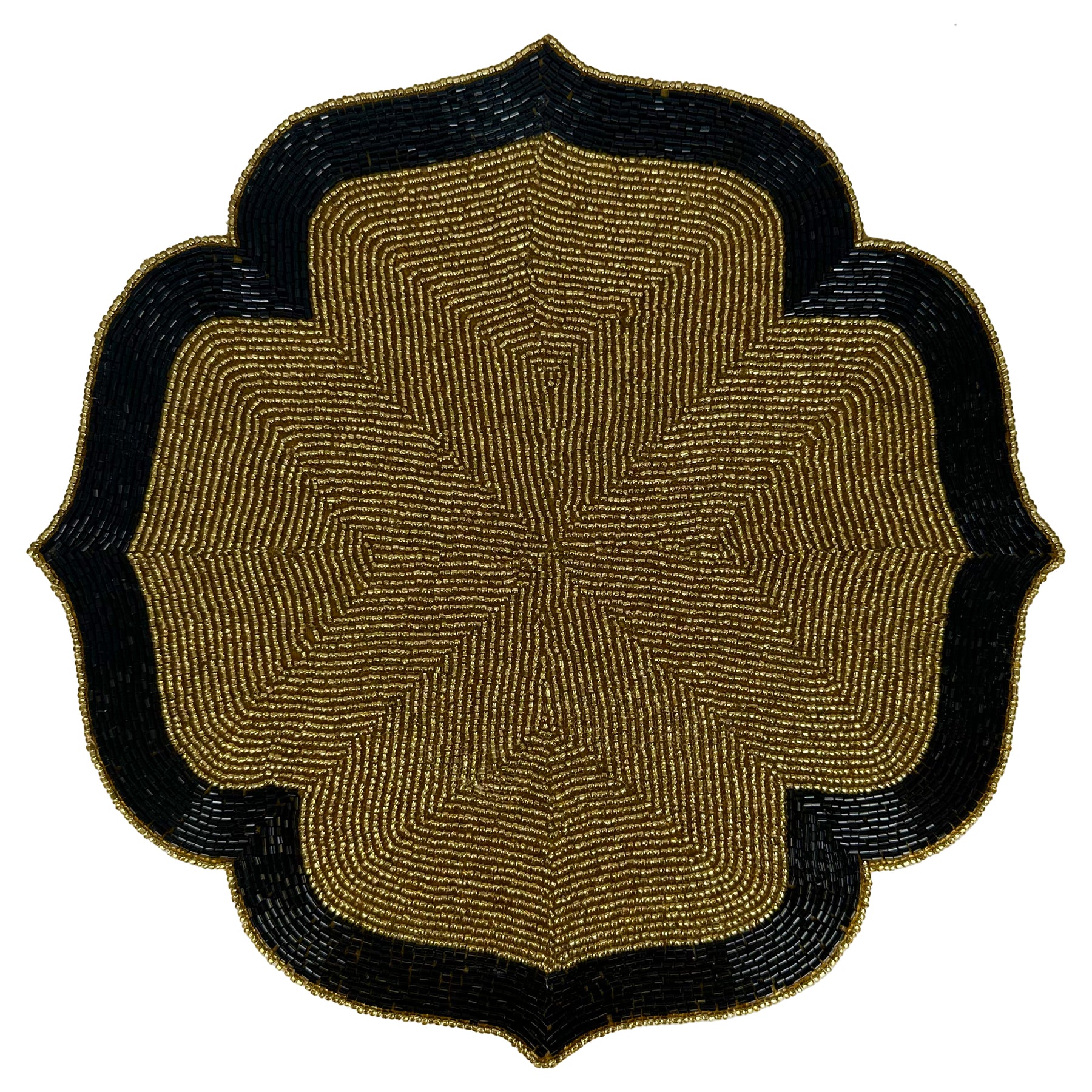 Set of 2 Midnight Ember beaded placemats in gold and black, heat-resistant embroidered table decor, 14 inches diameter.