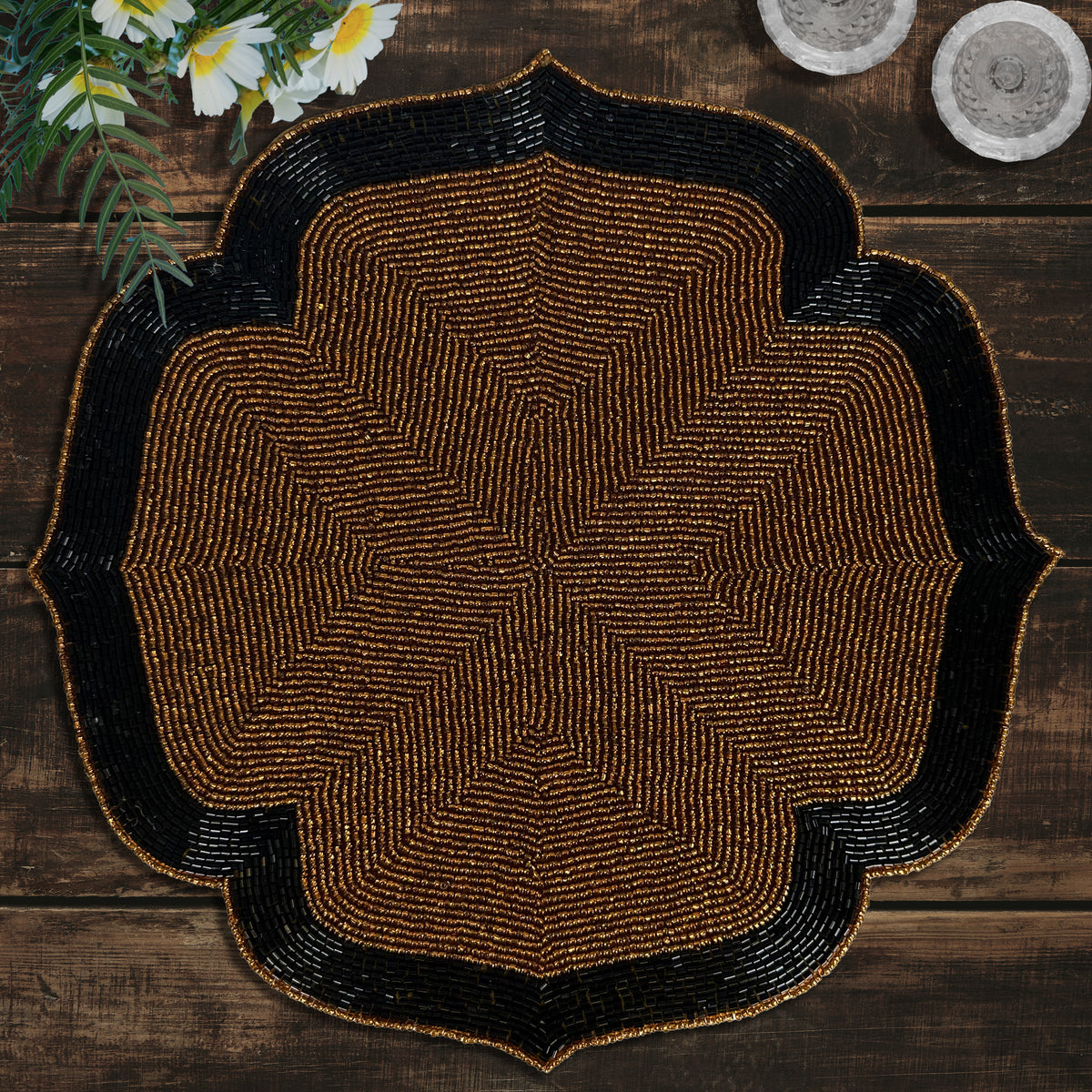 Chestnut Shadow – Beaded Placemats in Dark Brown and Black Artistic Heat-Resistant Dining Table Décor 14 inch - Decozen
