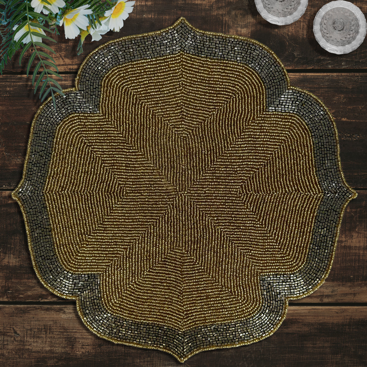 Gilded Shine – Beaded Placemats in Gold and Silver, Artistic Heat-Resistant Dining Table Décor 14 inch - Decozen