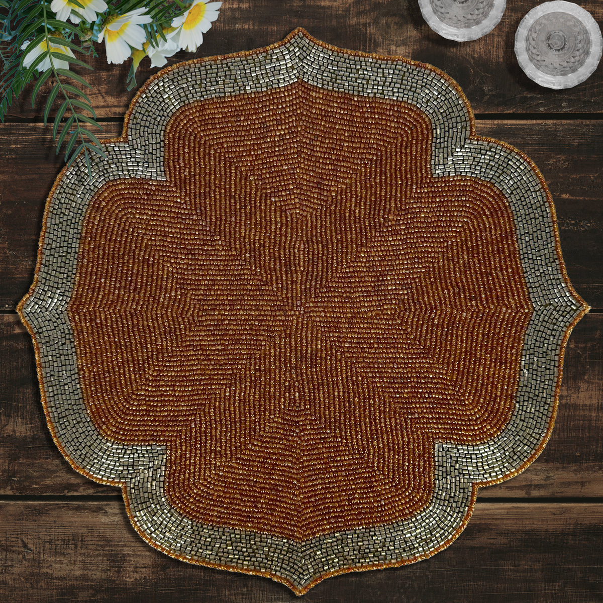 Set of two Sunset Frost embroidered beaded placemats in burnt orange and silver, decorative 14-inch table accents from PM1052.