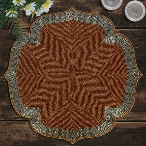 Sunset Frost – Beaded Placemats in Burnt Orange and Silver, Luxurious Decorative Dining Table Accent 14 inch - Decozen