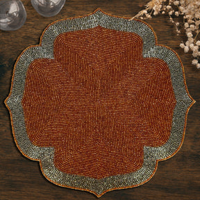 Sunset Frost – Beaded Placemats in Burnt Orange and Silver, Luxurious Decorative Dining Table Accent 14 inch - Decozen