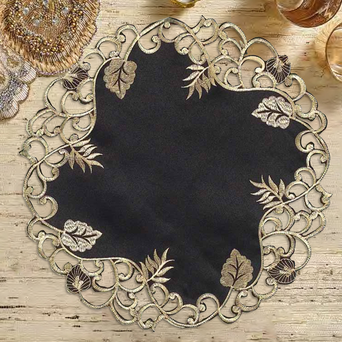 Midnight Gold – Black Gold Table Doilies, Tarantino Collection Decorative Table Linen 15 inch - Decozen