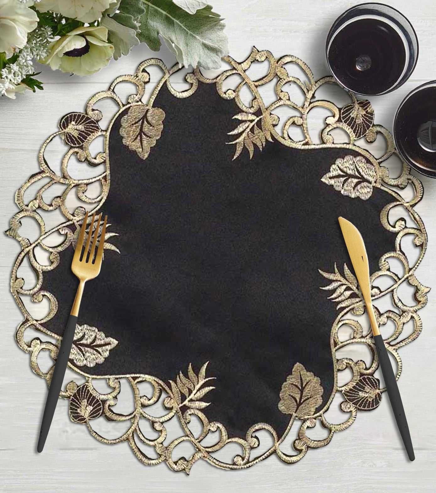 Midnight Gold – Black Gold Table Doilies, Tarantino Collection Decorative Table Linen 15 inch - Decozen