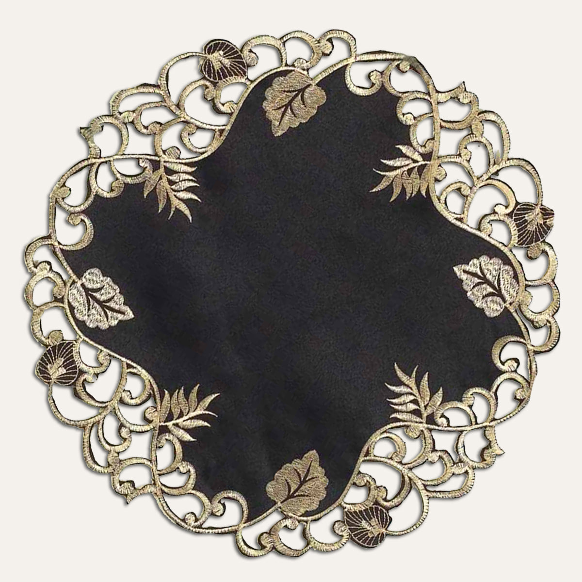 Set of four Midnight Gold black gold table doilies from RIZ-001-DL Tarantino Collection, 15-inch decorative table linen.